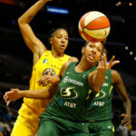 LOS ANGELES, CALIFORNIA - SEPTEMBER 15: Center Mercedes Russell #2 of the Seattle Storm reaches for a rebound with forward Candace Parker #3 of the Los Angeles Sparks close behind during the first half of Seattle Storm v Los Angeles Sparks - Game One  at Staples Center on September 15, 2019 in Los Angeles, California. NOTE TO USER: User expressly acknowledges and agrees that, by downloading and or using this photograph, User is consenting to the terms and conditions of the Getty Images License Agreement. (Photo by Katharine Lotze/Getty Images)