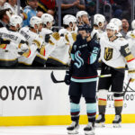 SEATTLE, WASHINGTON - APRIL 01: Shea Theodore #27 of the Vegas Golden Knights celebrates his goal against the Seattle Kraken at Climate Pledge Arena on April 01, 2022 in Seattle, Washington. (Photo by Steph Chambers/Getty Images)