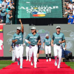 SEATTLE, WA - JULY 11:  Julio Rodríguez #44, Luis Castillo #58 and George Kirby #68 of the Seattle Mariners take the field during player introductions before the 93rd MLB All-Star Game presented by Mastercard at T-Mobile Park on Tuesday, July 11, 2023 in Seattle, Washington. (Photo by Mary DeCicco/MLB Photos via Getty Images)