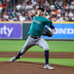 HOUSTON, TEXAS - JULY 09: Logan Gilbert #36 of the Seattle Mariners pitches in the first inning against the Houston Astros at Minute Maid Park on July 09, 2023 in Houston, Texas. (Photo by Bob Levey/Getty Images)