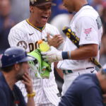 SEATTLE, WASHINGTON - JULY 10: Julio Rodríguez #44 of the Seattle Mariners speaks with Juan Soto #22 of the San Diego Padres during the T-Mobile Home Run Derby at T-Mobile Park on July 10, 2023 in Seattle, Washington. (Photo by Steph Chambers/Getty Images)