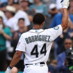 SEATTLE, WASHINGTON - JULY 10: Julio Rodríguez #44 of the Seattle Mariners reacts during the T-Mobile Home Run Derby at T-Mobile Park on July 10, 2023 in Seattle, Washington. (Photo by Tim Nwachukwu/Getty Images)