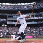 SEATTLE, WASHINGTON - JULY 10: Julio Rodríguez #44 of the Seattle Mariners reacts during the T-Mobile Home Run Derby at T-Mobile Park on July 10, 2023 in Seattle, Washington. (Photo by Steph Chambers/Getty Images)
