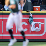 SEATTLE, WASHINGTON - JULY 11: Randy Arozarena #56 of the Tampa Bay Rays catches a ball against the wall during the first inning of the 93rd MLB All-Star Game presented by Mastercard at T-Mobile Park on July 11, 2023 in Seattle, Washington. (Photo by Tim Nwachukwu/Getty Images)
