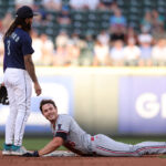 SEATTLE, WASHINGTON - JULY 17: Max Kepler #26 of the Minnesota Twins reacts after his double against the Seattle Mariners during the fourth inning at T-Mobile Park on July 17, 2023 in Seattle, Washington. (Photo by Steph Chambers/Getty Images)