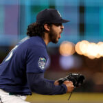 SEATTLE, WASHINGTON - JULY 17: Andres Munoz #75 of the Seattle Mariners reacts during the eighth inning against the Minnesota Twins at T-Mobile Park on July 17, 2023 in Seattle, Washington. (Photo by Steph Chambers/Getty Images)