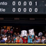 SEATTLE, WASHINGTON - JULY 21: Toronto Blue Jays fans cheer during the sixth inning against the Seattle Mariners at T-Mobile Park on July 21, 2023 in Seattle, Washington. (Photo by Steph Chambers/Getty Images)
