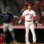 ANAHEIM, CALIFORNIA - AUGUST 4: Designated hitter Shohei Ohtani #17 of the Los Angeles Angels reacts after swinging at a strike against starting pitcher Luis Castillo #58 of the Seattle Mariners during the sixth inning at Angel Stadium of Anaheim on August 4, 2023 in Anaheim, California. (Photo by Kevork Djansezian/Getty Images)