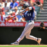 ANAHEIM, CALIFORNIA - AUGUST 6: Julio Rodriguez #44 of the Seattle Mariners singles in the third inning against the Los Angeles Angels at Angel Stadium of Anaheim on August 6, 2023 in Anaheim, California. (Photo by Jayne Kamin-Oncea/Getty Images)