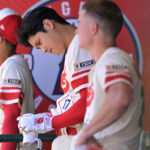 ANAHEIM, CALIFORNIA - AUGUST 6: Shohei Ohtani #17 of the Los Angeles Angels in the dugout during the third inning against the Seattle Mariners at Angel Stadium of Anaheim on August 6, 2023 in Anaheim, California. (Photo by Jayne Kamin-Oncea/Getty Images)