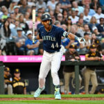 SEATTLE, WASHINGTON - AUGUST 09: Julio Rodriguez #44 of the Seattle Mariners reacts during the fifth inning against the San Diego Padres at T-Mobile Park on August 09, 2023 in Seattle, Washington. (Photo by Alika Jenner/Getty Images)