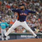 HOUSTON, TEXAS - AUGUST 19: Framber Valdez #59 of the Houston Astros pitches in the first inning against the Seattle Mariners at Minute Maid Park on August 19, 2023 in Houston, Texas. (Photo by Bob Levey/Getty Images)