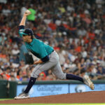 HOUSTON, TEXAS - AUGUST 19: Logan Gilbert #36 of the Seattle Mariners pitches in the first inning against the Houston Astros at Minute Maid Park on August 19, 2023 in Houston, Texas. (Photo by Bob Levey/Getty Images)
