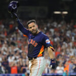 HOUSTON, TEXAS - AUGUST 19: Jose Altuve #27 of the Houston Astros acknowledges the fans after hitting his 2000th career hit in the fifth inning vagainst the Seattle Mariners at Minute Maid Park on August 19, 2023 in Houston, Texas. (Photo by Bob Levey/Getty Images)