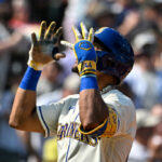 SEATTLE, WASHINGTON - AUGUST 27: Julio Rodriguez #44 of the Seattle Mariners gestures after hitting a two-run home run during the fifth inning against the Kansas City Royals at T-Mobile Park on August 27, 2023 in Seattle, Washington. (Photo by Alika Jenner/Getty Images)