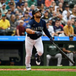 SEATTLE, WASHINGTON - AUGUST 30: Eugenio Suarez #28 of the Seattle Mariners bats during the first inning against the Oakland Athletics at T-Mobile Park on August 30, 2023 in Seattle, Washington. (Photo by Alika Jenner/Getty Images)
