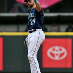 SEATTLE, WASHINGTON - AUGUST 30: Cal Raleigh #29 of the Seattle Mariners gestures after hitting a double during the third inning against the Oakland Athletics at T-Mobile Park on August 30, 2023 in Seattle, Washington. (Photo by Alika Jenner/Getty Images)