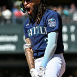 SEATTLE, WASHINGTON - AUGUST 30: J.P. Crawford #3 of the Seattle Mariners reacts to scoring two runs on a single during the seventh inning against the Oakland Athletics at T-Mobile Park on August 30, 2023 in Seattle, Washington. (Photo by Alika Jenner/Getty Images)
