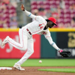 CINCINNATI, OHIO - SEPTEMBER 06: Elly De La Cruz #44 of the Cincinnati Reds misplays a ground ball in the third inning against the Seattle Mariners at Great American Ball Park on September 06, 2023 in Cincinnati, Ohio. (Photo by Dylan Buell/Getty Images)