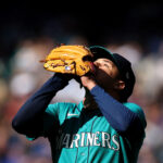 SEATTLE, WASHINGTON - SEPTEMBER 13: Luis Castillo #58 of the Seattle Mariners reacts during the fifth inning against the Los Angeles Angels at T-Mobile Park on September 13, 2023 in Seattle, Washington. (Photo by Steph Chambers/Getty Images)