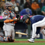 SEATTLE, WASHINGTON - SEPTEMBER 26: J.P. Crawford #3 of the Seattle Mariners reacts after striking out during the fifth inning against the Houston Astros at T-Mobile Park on September 26, 2023 in Seattle, Washington. (Photo by Steph Chambers/Getty Images)