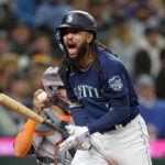 SEATTLE, WASHINGTON - SEPTEMBER 26: J.P. Crawford #3 of the Seattle Mariners reacts after striking out during the fifth inning against the Houston Astros at T-Mobile Park on September 26, 2023 in Seattle, Washington. (Photo by Steph Chambers/Getty Images)