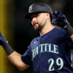 SEATTLE, WASHINGTON - SEPTEMBER 26: Cal Raleigh #29 of the Seattle Mariners reacts after his singleduring the seventh inning against the Houston Astros at T-Mobile Park on September 26, 2023 in Seattle, Washington. (Photo by Steph Chambers/Getty Images)
