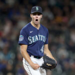 SEATTLE, WASHINGTON - SEPTEMBER 26: Matt Brash #47 of the Seattle Mariners reacts after a strikeout during the eighth inning against the Houston Astros at T-Mobile Park on September 26, 2023 in Seattle, Washington. (Photo by Steph Chambers/Getty Images)