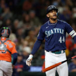 SEATTLE, WASHINGTON - SEPTEMBER 27: Julio Rodriguez #44 of the Seattle Mariners strikes out during the eighth inning against the Houston Astros at T-Mobile Park on September 27, 2023 in Seattle, Washington. (Photo by Steph Chambers/Getty Images)