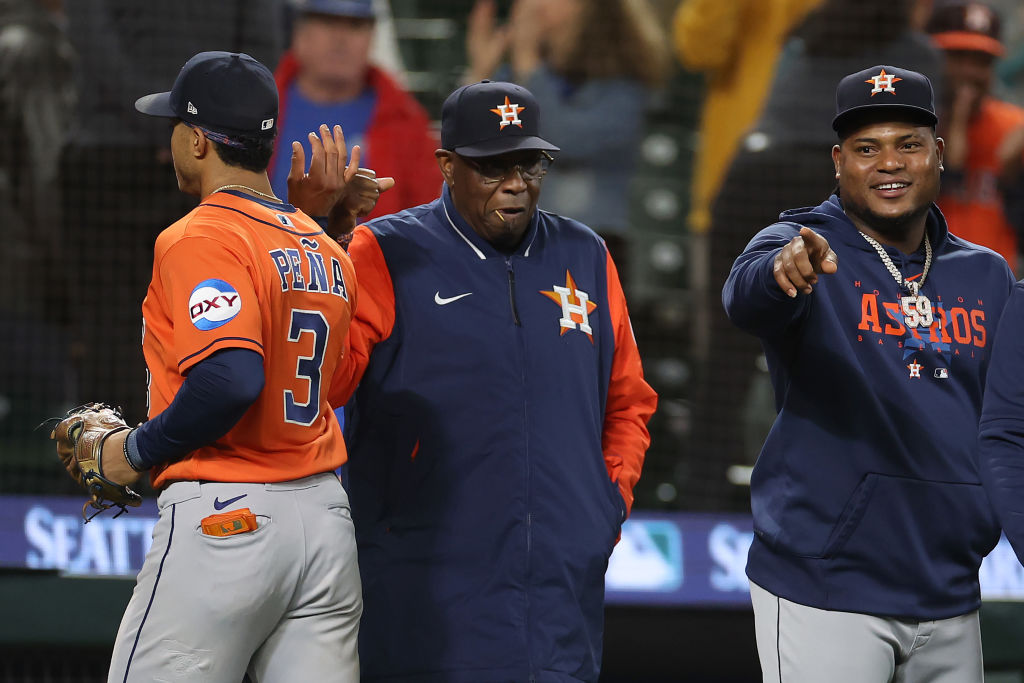 Mauricio Dubon of the Houston Astros celebrates his three run home