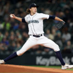 SEATTLE, WASHINGTON - SEPTEMBER 28: Julio Rodriguez #44 of the Seattle Mariners pitches during the first inning against the Texas Rangers at T-Mobile Park on September 28, 2023 in Seattle, Washington. (Photo by Steph Chambers/Getty Images)