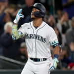 SEATTLE, WASHINGTON - SEPTEMBER 28: Julio Rodriguez #44 of the Seattle Mariners celebrates his solo home run during the fourth inning against the Texas Rangers at T-Mobile Park on September 28, 2023 in Seattle, Washington. (Photo by Steph Chambers/Getty Images)