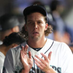 SEATTLE, WASHINGTON - SEPTEMBER 28: Logan Gilbert #36 of the Seattle Mariners reacts during the sixth inning against the Texas Rangers at T-Mobile Park on September 28, 2023 in Seattle, Washington. (Photo by Steph Chambers/Getty Images)