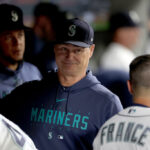 SEATTLE, WASHINGTON - SEPTEMBER 28: Manager Scott Servais #9 of the Seattle Mariners reacts during the game against the Texas Rangers at T-Mobile Park on September 28, 2023 in Seattle, Washington. (Photo by Steph Chambers/Getty Images)