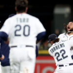 SEATTLE, WASHINGTON - SEPTEMBER 28: J.P. Crawford #3 of the Seattle Mariners celebrates his walk-off single against the Texas Rangers to win 3-2 at T-Mobile Park on September 28, 2023 in Seattle, Washington. (Photo by Steph Chambers/Getty Images)