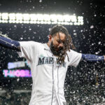 SEATTLE, WASHINGTON - SEPTEMBER 28: J.P. Crawford #3 of the Seattle Mariners celebrates his walk-off double against the Texas Rangers to win 3-2 at T-Mobile Park on September 28, 2023 in Seattle, Washington. (Photo by Steph Chambers/Getty Images)