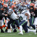 CINCINNATI, OHIO - OCTOBER 15: Kenneth Walker III #9 of the Seattle Seahawks runs the ball during the second quarter against the Cincinnati Bengals at Paycor Stadium on October 15, 2023 in Cincinnati, Ohio. (Photo by Michael Hickey/Getty Images)