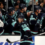 SEATTLE, WASHINGTON - OCTOBER 17: Kailer Yamamoto #56 of the Seattle Kraken celebrates his goal against the Colorado Avalanche during the first period at Climate Pledge Arena on October 17, 2023 in Seattle, Washington. (Photo by Steph Chambers/Getty Images)