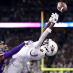 SEATTLE, WASHINGTON - OCTOBER 21: Elijah Jackson #25 of the Washington Huskies defends Troy Omeire #9 of the Arizona State Sun Devils as he misses a pass during the first quarter at Husky Stadium on October 21, 2023 in Seattle, Washington. (Photo by Steph Chambers/Getty Images)