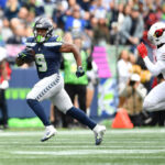 SEATTLE, WASHINGTON - OCTOBER 22: Kenneth Walker III #9 of the Seattle Seahawks runs with the ball in the first quarter of the game against the Arizona Cardinals at Lumen Field on October 22, 2023 in Seattle, Washington. (Photo by Jane Gershovich/Getty Images)