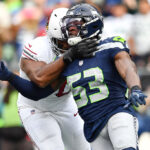 SEATTLE, WASHINGTON - OCTOBER 22: Boye Mafe #53 of the Seattle Seahawks rushes the passer during the second half of the game against the Arizona Cardinals at Lumen Field on October 22, 2023 in Seattle, Washington. (Photo by Jane Gershovich/Getty Images)