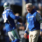 SEATTLE, WASHINGTON - OCTOBER 29: Head coach Pete Carroll of the Seattle Seahawks looks on during warm-ups prior to a game against the Cleveland Browns at Lumen Field on October 29, 2023 in Seattle, Washington. (Photo by Steph Chambers/Getty Images)