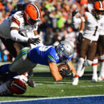 SEATTLE, WASHINGTON - OCTOBER 29: Jake Bobo #19 of the Seattle Seahawks scores a first quarter touchdown against the Cleveland Browns at Lumen Field on October 29, 2023 in Seattle, Washington. (Photo by Jane Gershovich/Getty Images)