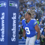 SEATTLE, WASHINGTON - OCTOBER 29: Kenneth Walker III #9 of the Seattle Seahawks runs onto the field prior to a game against the Cleveland Browns at Lumen Field on October 29, 2023 in Seattle, Washington. (Photo by Jane Gershovich/Getty Images)