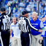 SEATTLE, WASHINGTON - OCTOBER 29: Head coach Pete Carroll of the Seattle Seahawks reacts to a call from game officials during the second quarter of a game against the Cleveland Browns at Lumen Field on October 29, 2023 in Seattle, Washington. (Photo by Jane Gershovich/Getty Images)