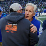 SEATTLE, WASHINGTON - OCTOBER 29: Head coach Pete Carroll of the Seattle Seahawks and head coach Kevin Stefanski of the Cleveland Browns meet at midfield after a game at Lumen Field on October 29, 2023 in Seattle, Washington. (Photo by Steph Chambers/Getty Images)