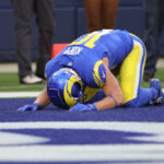 INGLEWOOD, CALIFORNIA - NOVEMBER 19: Cooper Kupp #10 of the Los Angeles Rams reacts after missing a catch in the game against the Seattle Seahawks during the first quarter at SoFi Stadium on November 19, 2023 in Inglewood, California. (Photo by Sean M. Haffey/Getty Images)