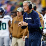 INGLEWOOD, CALIFORNIA - NOVEMBER 19: Head coach Pete Carroll of the Seattle Seahawks reacts in the game against the Los Angeles Rams during the second quarter at SoFi Stadium on November 19, 2023 in Inglewood, California. (Photo by Ronald Martinez/Getty Images)