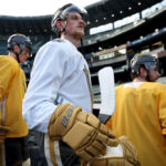 SEATTLE, WASHINGTON - DECEMBER 31: Jack Eichel #9 of the Vegas Golden Knights looks on during practice before the Discover NHL Winter Classic at T-Mobile Park on December 31, 2023 in Seattle, Washington. (Photo by Steph Chambers/Getty Images)