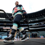 SEATTLE, WASHINGTON - DECEMBER 31: Yanni Gourde #37 of the Seattle Kraken looks on during practice before the Discover NHL Winter Classic at T-Mobile Park on December 31, 2023 in Seattle, Washington. (Photo by Steph Chambers/Getty Images)